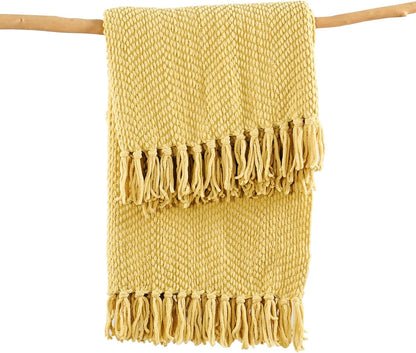 Yellow Throw Blanket Knitted Tweed Throw 60'' x 80'', Jojoba Yellow, Super Soft Cozy Warm Comfortable Breathable Throw for Living Room Chair Couch Bed Sofa Bedroom Home Décor