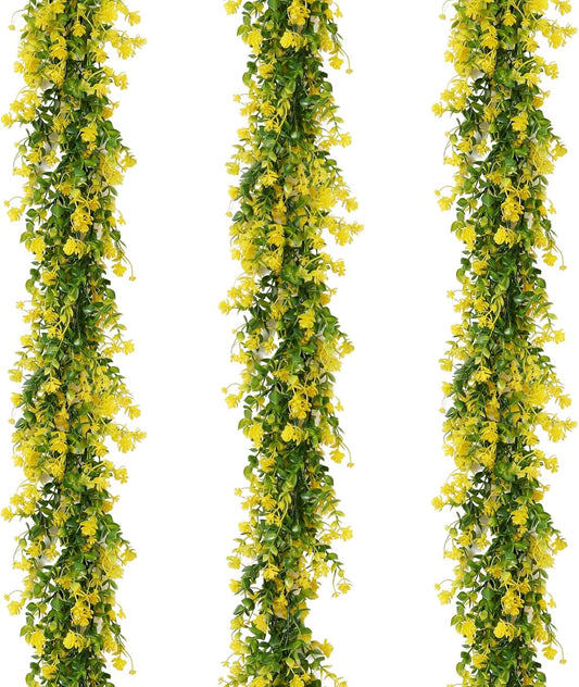 Hanging Garland Plants Artificial Eucalyptus Yellow Garlands 3Packs | Fake Hanging Eucalyptus Leaf Vines with Flowers Faux Greenery for Indoor Outdoor Spring Thanksgiving Wall Arch Wedding Decor