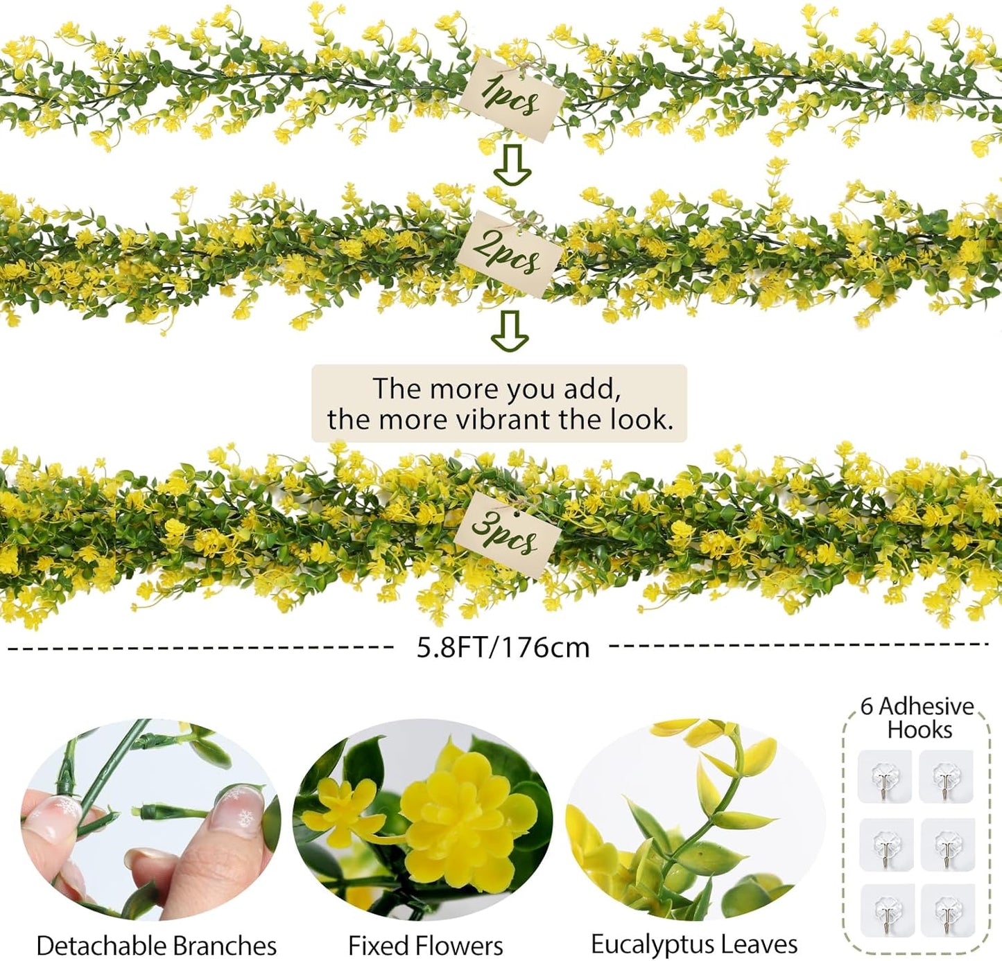 Hanging Garland Plants Artificial Eucalyptus Yellow Garlands 3Packs | Fake Hanging Eucalyptus Leaf Vines with Flowers Faux Greenery for Indoor Outdoor Spring Thanksgiving Wall Arch Wedding Decor