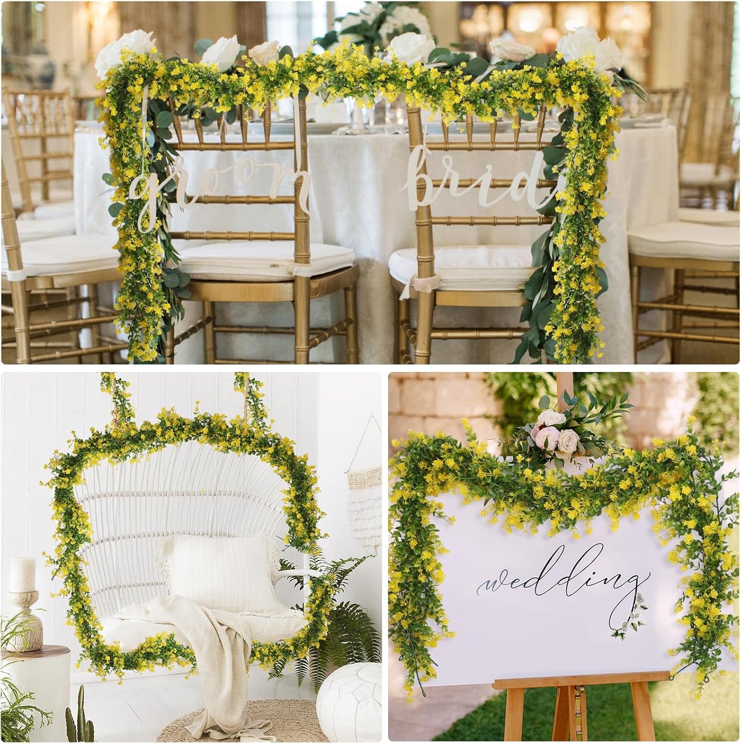 Hanging Garland Plants Artificial Eucalyptus Yellow Garlands 3Packs | Fake Hanging Eucalyptus Leaf Vines with Flowers Faux Greenery for Indoor Outdoor Spring Thanksgiving Wall Arch Wedding Decor