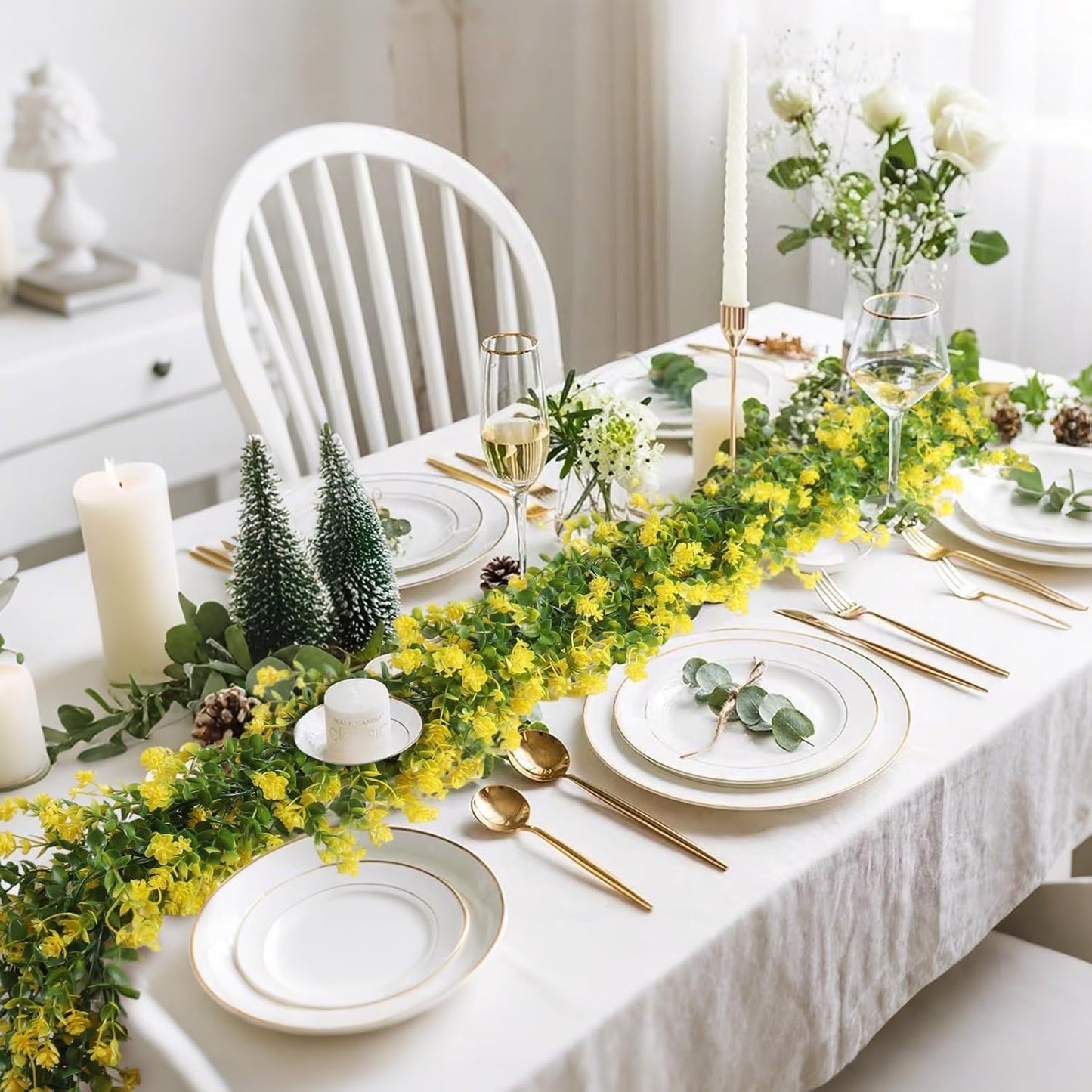 Hanging Garland Plants Artificial Eucalyptus Yellow Garlands 3Packs | Fake Hanging Eucalyptus Leaf Vines with Flowers Faux Greenery for Indoor Outdoor Spring Thanksgiving Wall Arch Wedding Decor
