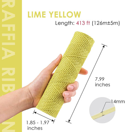 137 Yards Paper Raffia Ribbon, 1.5 mm Wide Twisted Natural Ribbon Paper String, Paper Twine Craft String for Gift Wrapping Packing, Raffia Yarn for Crocheting DIY Décor, Lime Yellow