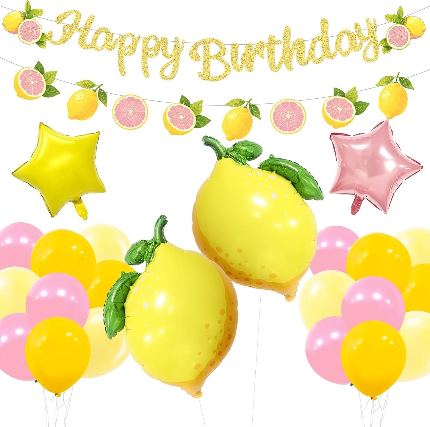 Lemon Balloons Birthday Party Decorations with Green Leaves, Summer Fruit Themed Party Set for Kids and Adults, Pink and Yellow Balloon Garland, Lemonade Stand Decorations