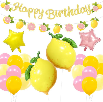 Lemon Balloons Birthday Party Decorations with Green Leaves, Summer Fruit Themed Party Set for Kids and Adults, Pink and Yellow Balloon Garland, Lemonade Stand Decorations