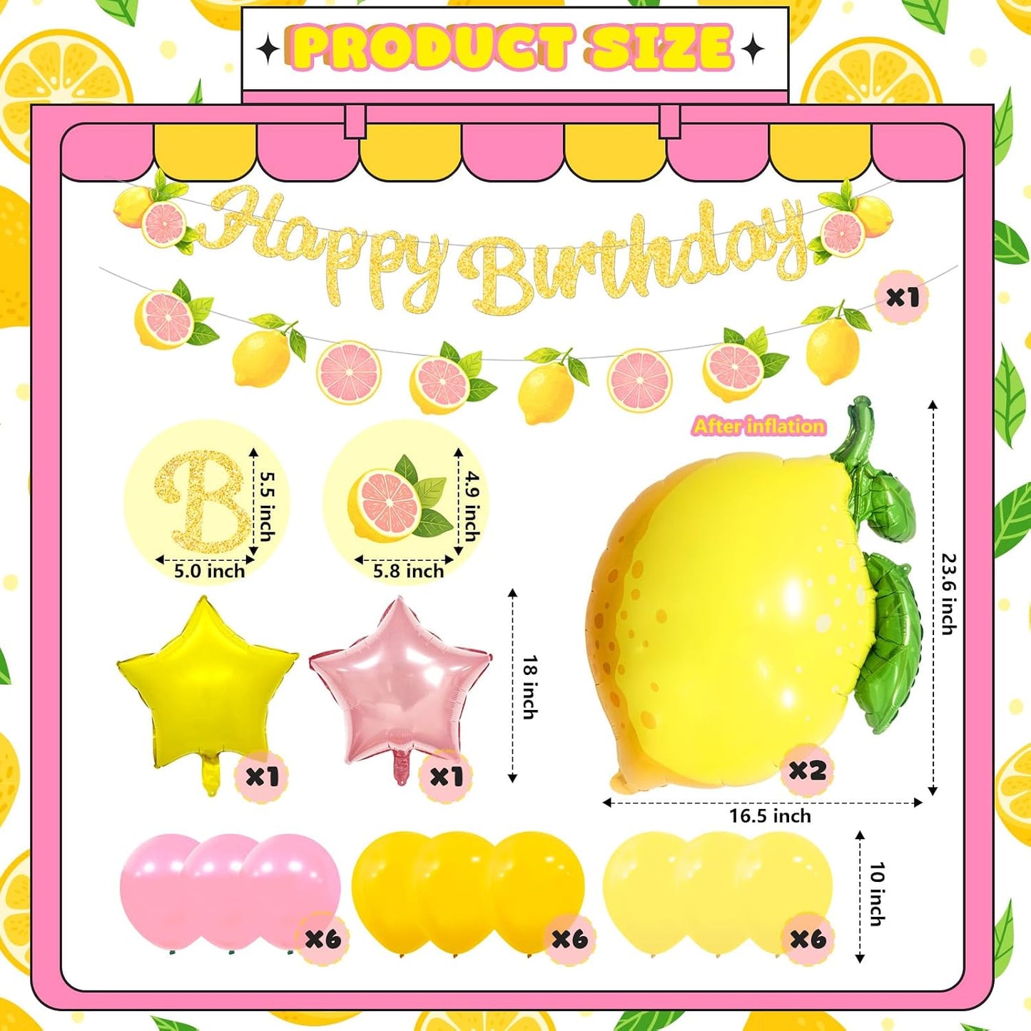 Lemon Balloons Birthday Party Decorations with Green Leaves, Summer Fruit Themed Party Set for Kids and Adults, Pink and Yellow Balloon Garland, Lemonade Stand Decorations