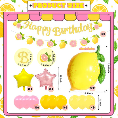 Lemon Balloons Birthday Party Decorations with Green Leaves, Summer Fruit Themed Party Set for Kids and Adults, Pink and Yellow Balloon Garland, Lemonade Stand Decorations