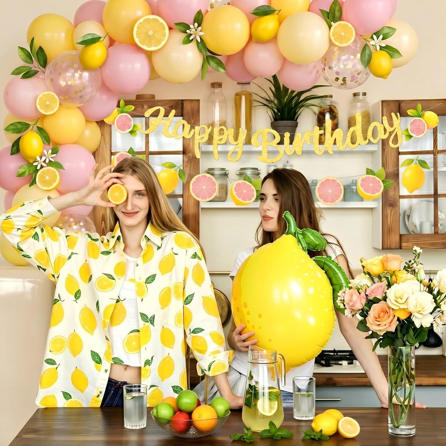 Lemon Balloons Birthday Party Decorations with Green Leaves, Summer Fruit Themed Party Set for Kids and Adults, Pink and Yellow Balloon Garland, Lemonade Stand Decorations