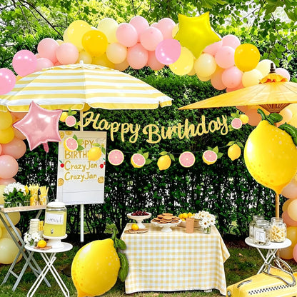 Lemon Balloons Birthday Party Decorations with Green Leaves, Summer Fruit Themed Party Set for Kids and Adults, Pink and Yellow Balloon Garland, Lemonade Stand Decorations