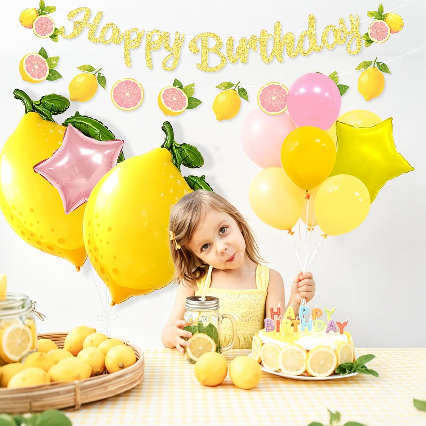 Lemon Balloons Birthday Party Decorations with Green Leaves, Summer Fruit Themed Party Set for Kids and Adults, Pink and Yellow Balloon Garland, Lemonade Stand Decorations
