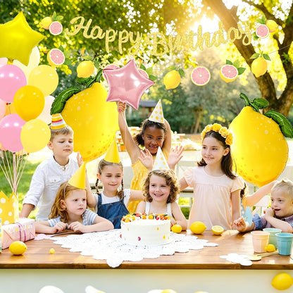 Lemon Balloons Birthday Party Decorations with Green Leaves, Summer Fruit Themed Party Set for Kids and Adults, Pink and Yellow Balloon Garland, Lemonade Stand Decorations