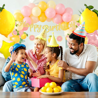 Lemon Balloons Birthday Party Decorations with Green Leaves, Summer Fruit Themed Party Set for Kids and Adults, Pink and Yellow Balloon Garland, Lemonade Stand Decorations
