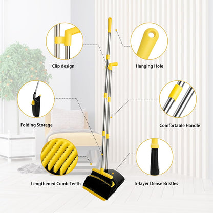 Broom and Dustpan Set, Long Handle Lightweight Dustpans with Broom Combo for Home, Indoor&Outdoor Sweeping for Home Room Kitchen Office Lobby (Black Yellow)