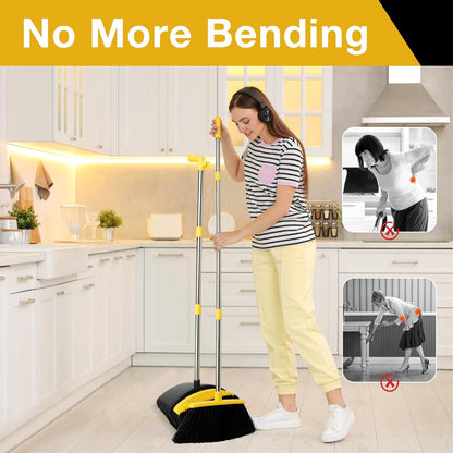 Broom and Dustpan Set, Long Handle Lightweight Dustpans with Broom Combo for Home, Indoor&Outdoor Sweeping for Home Room Kitchen Office Lobby (Black Yellow)
