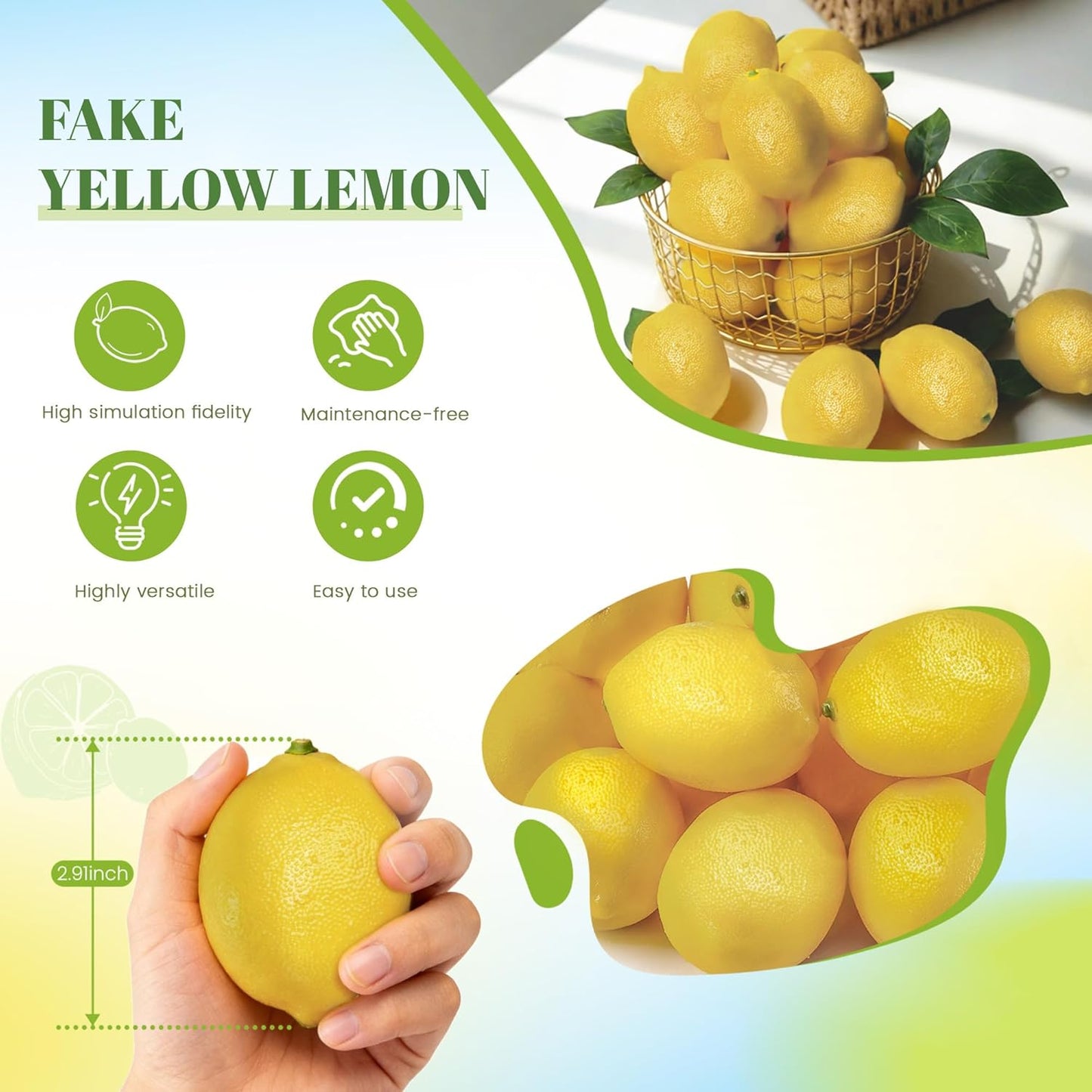 Fake Lemons, 20 Pcs Ultra Realistic Artificial Fruit with Natural Texture, Matte Non-Glossy Home Kitchen Table Decor for Photography and Party