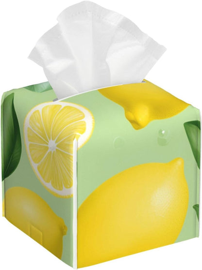 Lemon Tissue Box Cover Square Leather Tissue Box Holder Waterproof Paper Cover Case for Desk, Bathroom, Car, Dining Table, Office Tabletop (5"X 5"X 5")