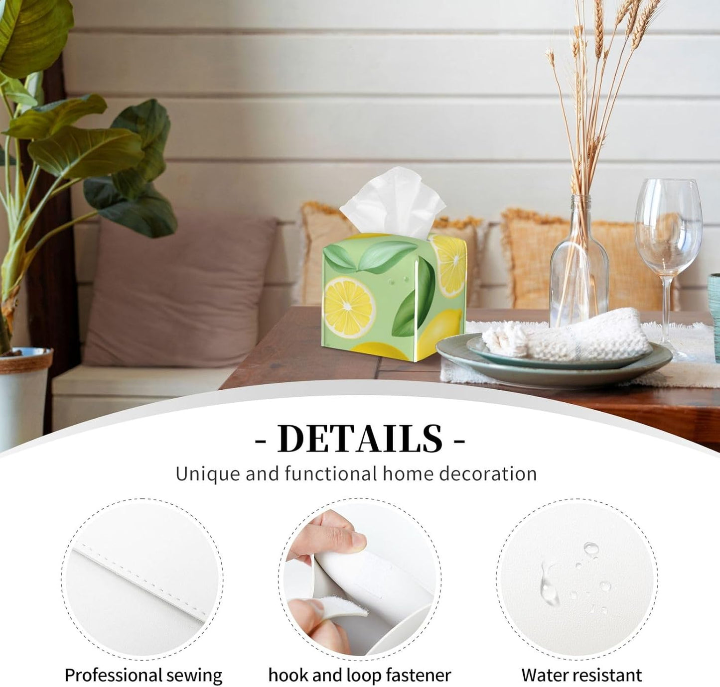 Lemon Tissue Box Cover Square Leather Tissue Box Holder Waterproof Paper Cover Case for Desk, Bathroom, Car, Dining Table, Office Tabletop (5"X 5"X 5")