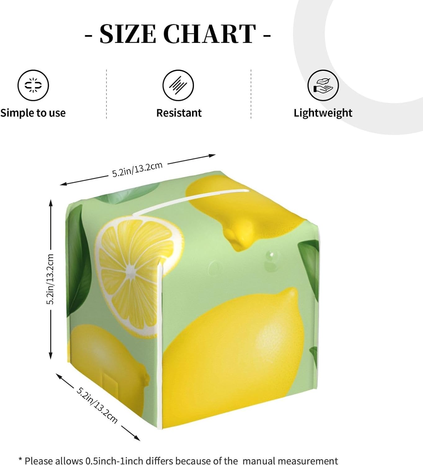 Lemon Tissue Box Cover Square Leather Tissue Box Holder Waterproof Paper Cover Case for Desk, Bathroom, Car, Dining Table, Office Tabletop (5"X 5"X 5")