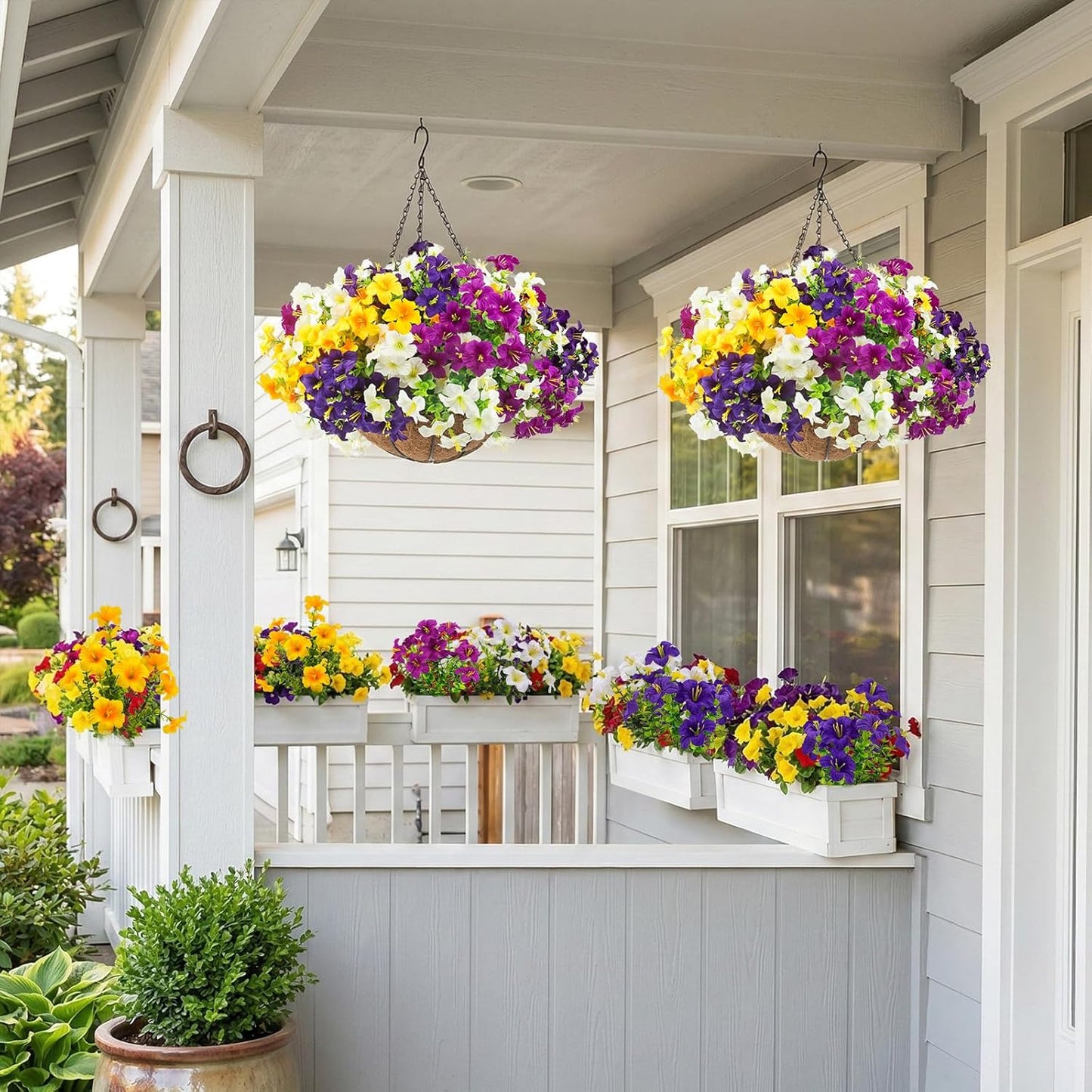 2 Set Artificial Outdoor Flowers with Hanging Baskets,24 Pcs UV Resistant Faux Petunias Flowers with Hanging Planter for Front Door Porch Spring Outside Decor (2, White,Yellow,Purple,RedViolet)