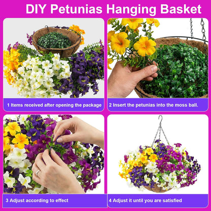 2 Set Artificial Outdoor Flowers with Hanging Baskets,24 Pcs UV Resistant Faux Petunias Flowers with Hanging Planter for Front Door Porch Spring Outside Decor (2, White,Yellow,Purple,RedViolet)