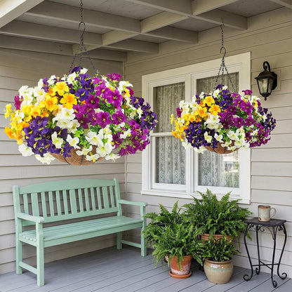 2 Set Artificial Outdoor Flowers with Hanging Baskets,24 Pcs UV Resistant Faux Petunias Flowers with Hanging Planter for Front Door Porch Spring Outside Decor (2, White,Yellow,Purple,RedViolet)