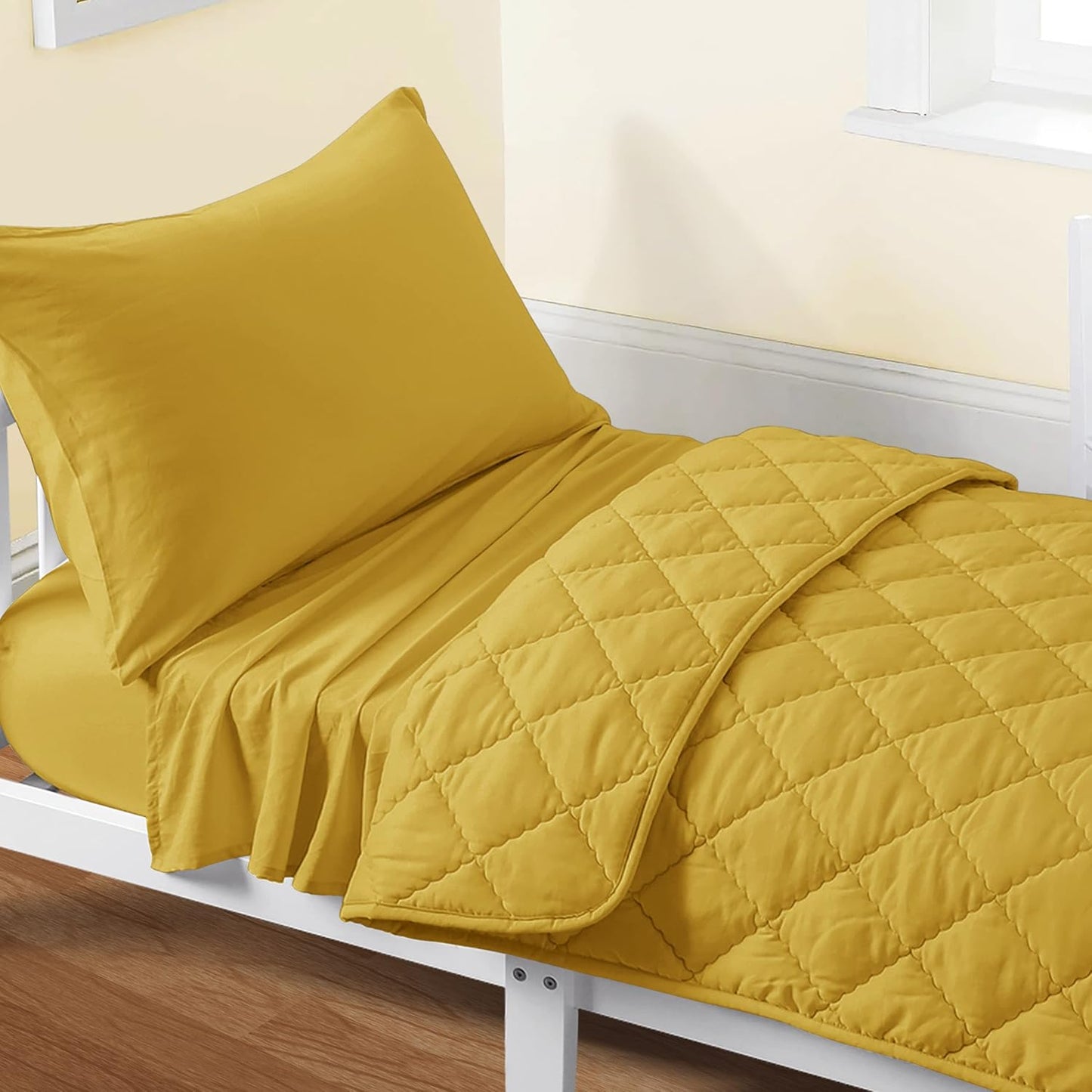 Toddler Bedding Set - 4 Piece Microfiber Crib Sheet Set, Crib Bedding Set Includes Quilted Comforter, Flat Top Sheet, Fitted Sheet, Envelope Pillow Case for Boys and Girls, Yellow