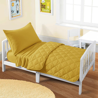 Toddler Bedding Set - 4 Piece Microfiber Crib Sheet Set, Crib Bedding Set Includes Quilted Comforter, Flat Top Sheet, Fitted Sheet, Envelope Pillow Case for Boys and Girls, Yellow