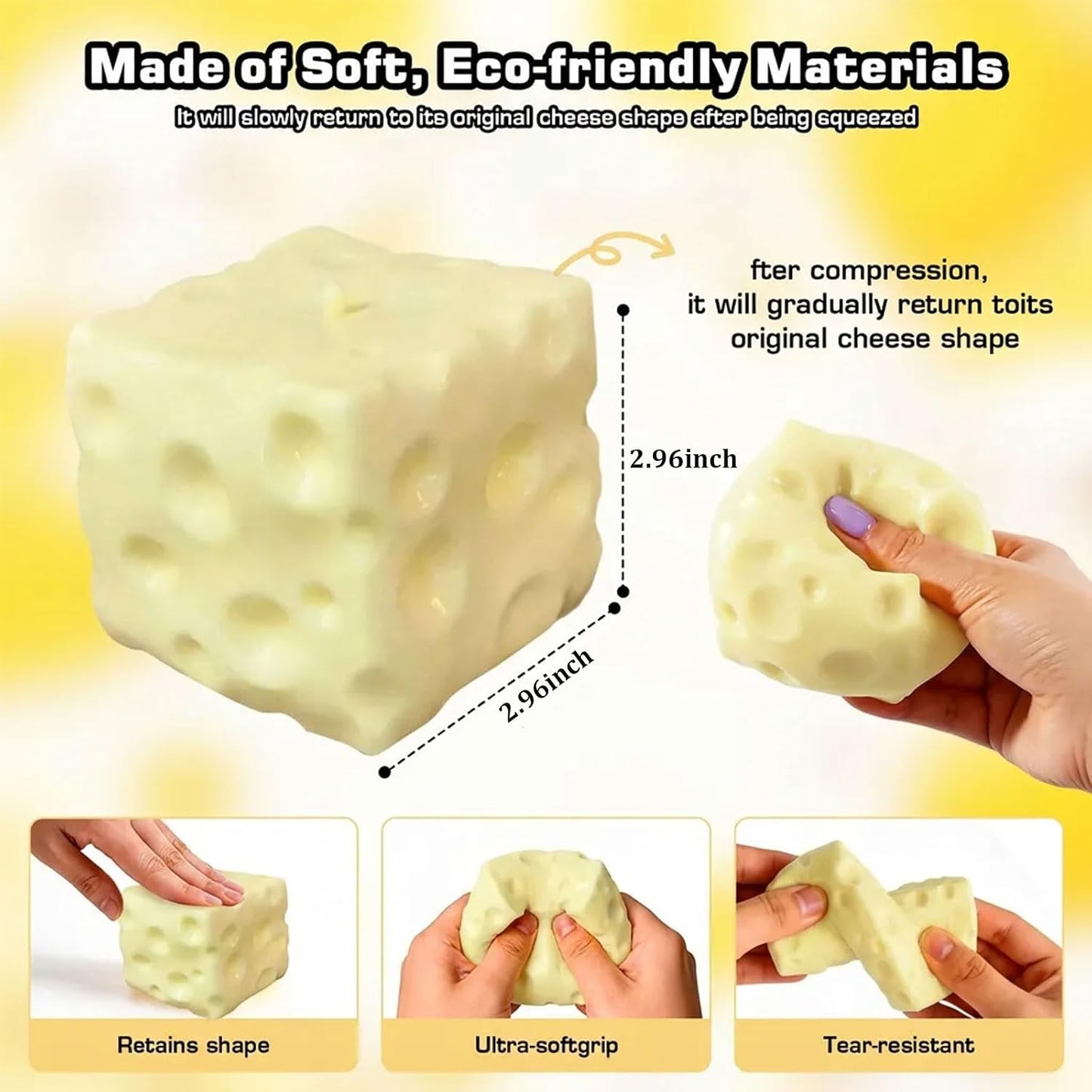Cheese Squishy Toys, Slow Rising Stress Relief Gifts for Adults, 2.96Inch | Soft Cheese Squishy Help Calm Anxiety. Easy to Clean, Portable, Safe TPR Material. Ideal for Office Home Travel, Light Yellow