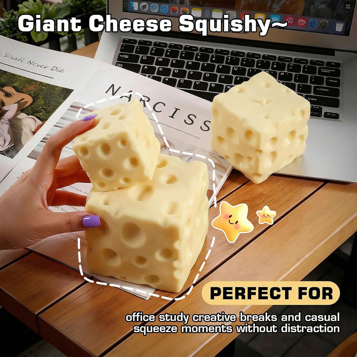 Cheese Squishy Toys, Slow Rising Stress Relief Gifts for Adults, 2.96Inch | Soft Cheese Squishy Help Calm Anxiety. Easy to Clean, Portable, Safe TPR Material. Ideal for Office Home Travel, Light Yellow
