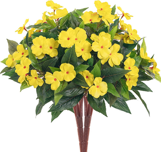 Fake Flowers Artificial Flowers For Outdoor，Artificial Plant Artificial Impatiens Bouquet Flowers For Outdoors Decoration，Silk Spring Artificial Plants For Outdoors Indoor Decor 2PCS（Yellow ）
