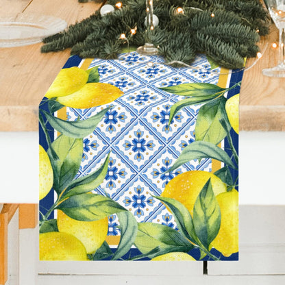 Lemon Table Runner Spring Summer Decorations Lemon Cyan Blue Table Runner 13x72 Inch Seasonal Italian Kitchen Decor for Indoor Outdoor Dinner Party Patio Decor, Housewarming Gifts