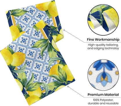 Lemon Table Runner Spring Summer Decorations Lemon Cyan Blue Table Runner 13x72 Inch Seasonal Italian Kitchen Decor for Indoor Outdoor Dinner Party Patio Decor, Housewarming Gifts