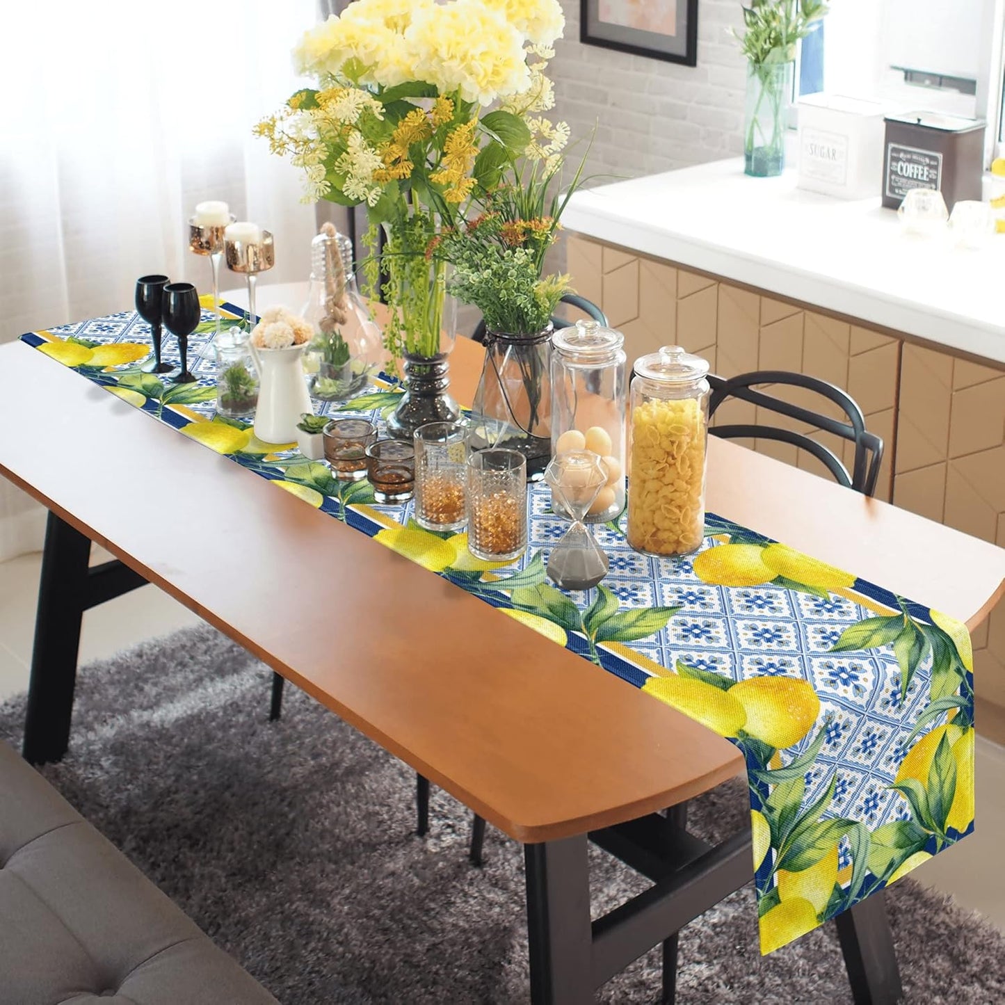 Lemon Table Runner Spring Summer Decorations Lemon Cyan Blue Table Runner 13x72 Inch Seasonal Italian Kitchen Decor for Indoor Outdoor Dinner Party Patio Decor, Housewarming Gifts