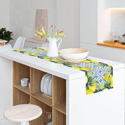Lemon Table Runner Spring Summer Decorations Lemon Cyan Blue Table Runner 13x72 Inch Seasonal Italian Kitchen Decor for Indoor Outdoor Dinner Party Patio Decor, Housewarming Gifts