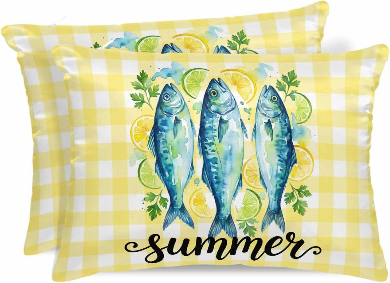 Summer Fish Standard Pillowcase Set of 2, Farmhouse Yellow Lemon Stripes Satin Pillow Case Cover with Smooth Hidden Zipper Closure, Soft Throw Pillow Covers Cases for Home Decoration 20 X 26 Inches
