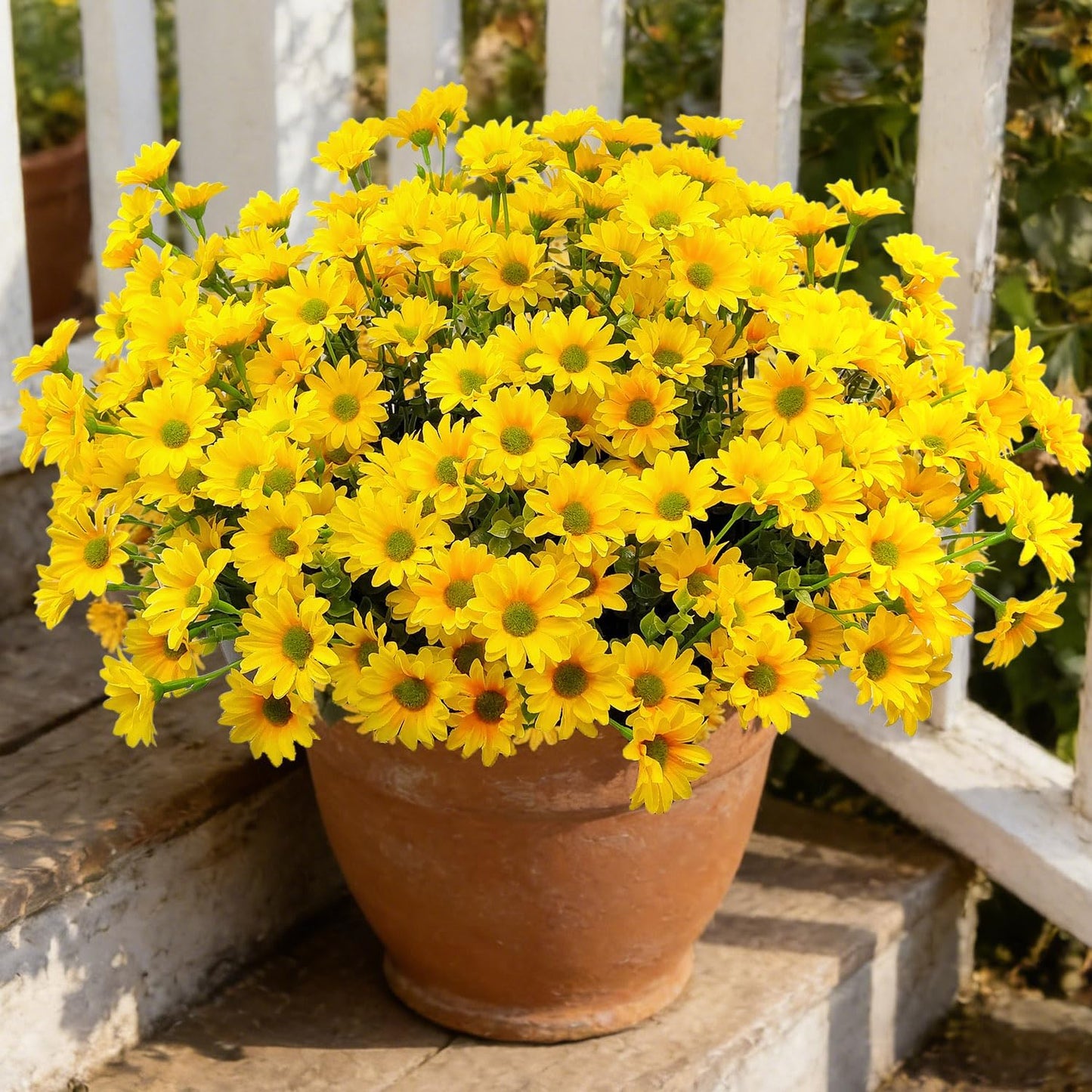 16 Bundles Silk Daisy Artificial Flowers for Outdoors UV Resistant Fake Daisies Plastic Plants Flower for Home Outside Front Door Porch Garden Patio Planters Decoration (Yellow)