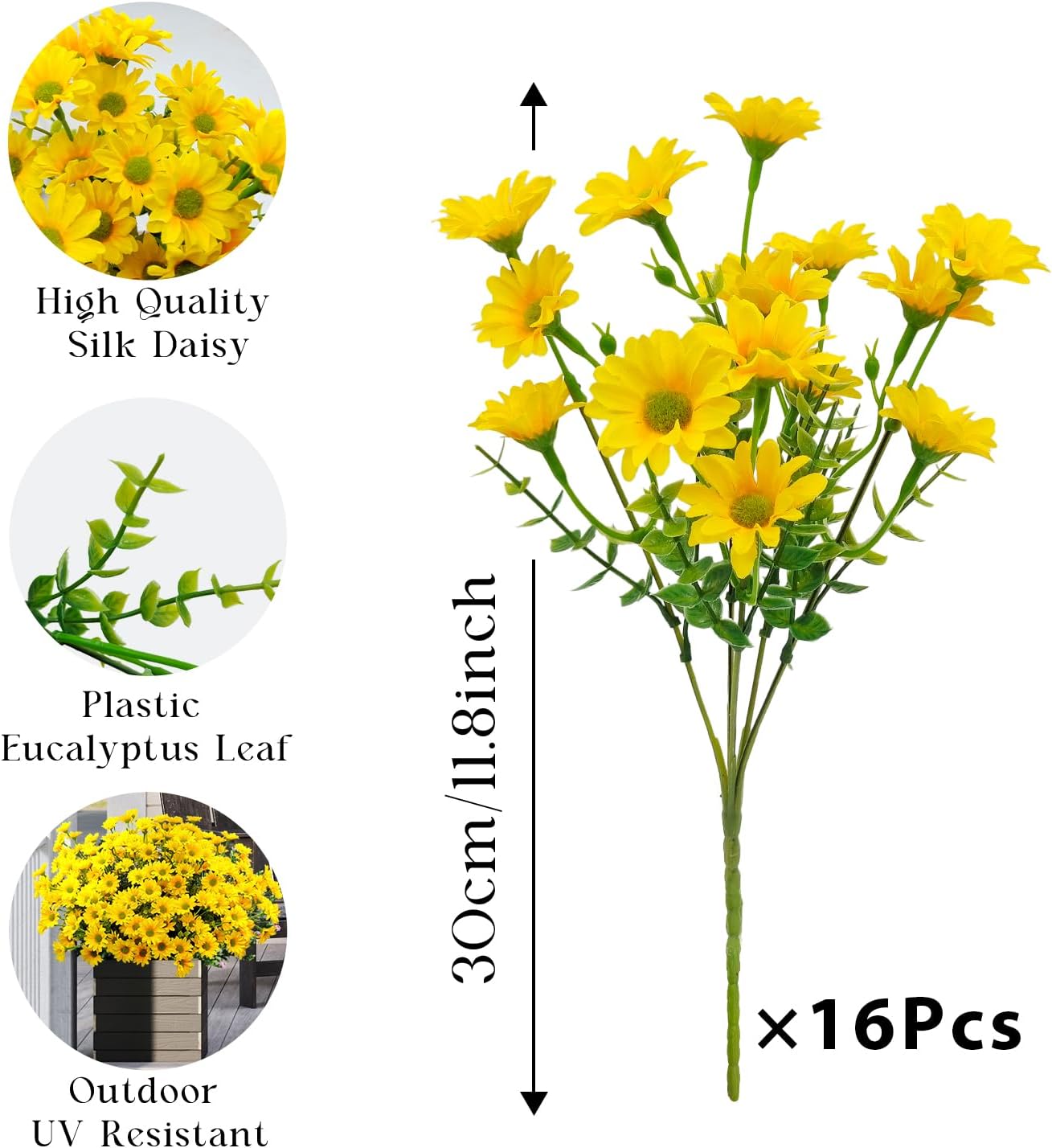 16 Bundles Silk Daisy Artificial Flowers for Outdoors UV Resistant Fake Daisies Plastic Plants Flower for Home Outside Front Door Porch Garden Patio Planters Decoration (Yellow)