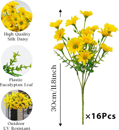 16 Bundles Silk Daisy Artificial Flowers for Outdoors UV Resistant Fake Daisies Plastic Plants Flower for Home Outside Front Door Porch Garden Patio Planters Decoration (Yellow)