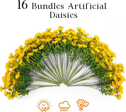16 Bundles Silk Daisy Artificial Flowers for Outdoors UV Resistant Fake Daisies Plastic Plants Flower for Home Outside Front Door Porch Garden Patio Planters Decoration (Yellow)