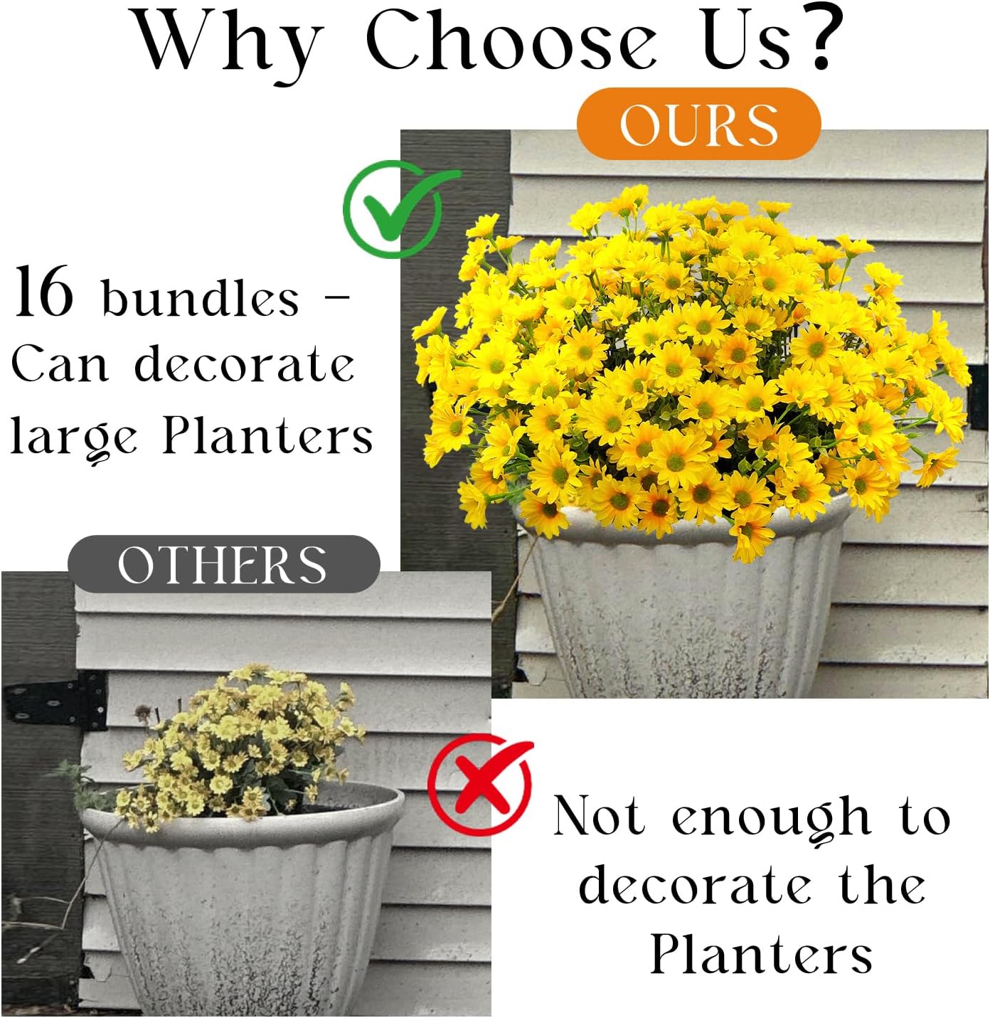 16 Bundles Silk Daisy Artificial Flowers for Outdoors UV Resistant Fake Daisies Plastic Plants Flower for Home Outside Front Door Porch Garden Patio Planters Decoration (Yellow)