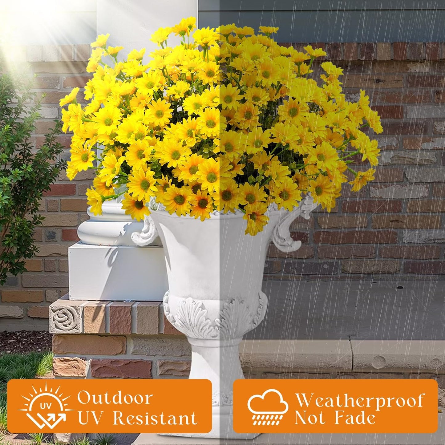 16 Bundles Silk Daisy Artificial Flowers for Outdoors UV Resistant Fake Daisies Plastic Plants Flower for Home Outside Front Door Porch Garden Patio Planters Decoration (Yellow)