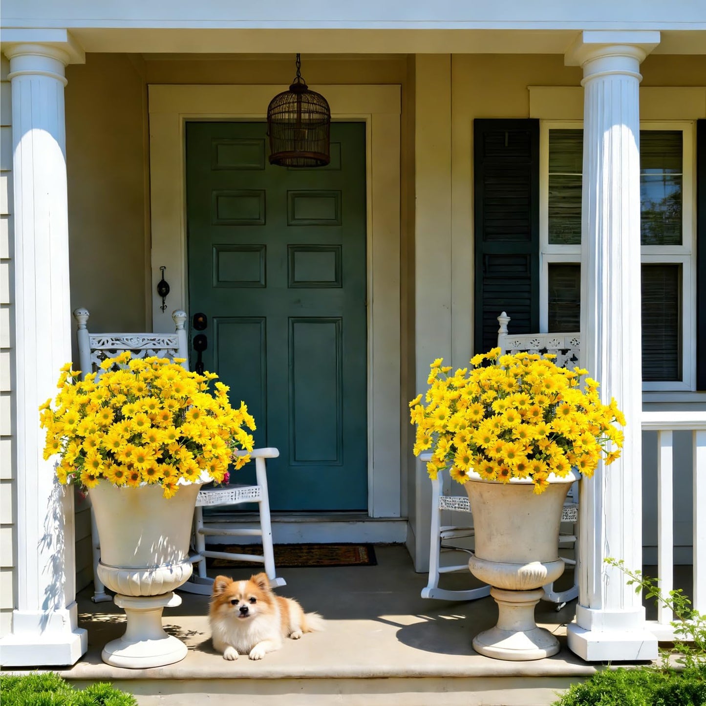 16 Bundles Silk Daisy Artificial Flowers for Outdoors UV Resistant Fake Daisies Plastic Plants Flower for Home Outside Front Door Porch Garden Patio Planters Decoration (Yellow)
