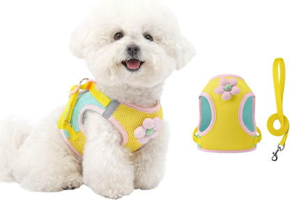 Floral Mesh Dog Harness with Matching Leash, Yellow, L (16-20lbs) | Lightweight Pet Vest, Suitable For Small And Medium-sized Cats And Dogs