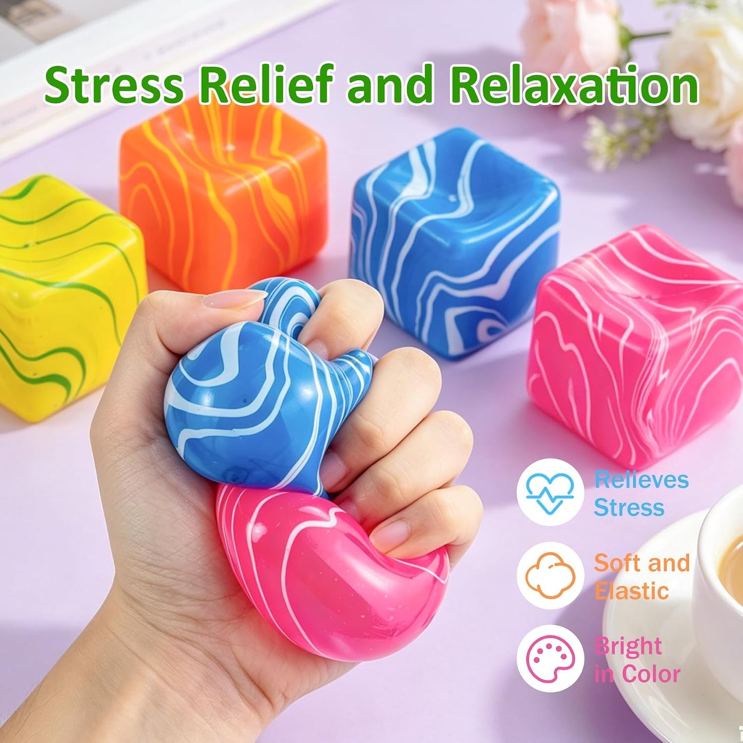Squishy Cube Swirl Stress Ball Marble Fidget Toy, Slow Rebound Squishy Cube Stress Ball, Portable Focus Fidget Toy for Anxiety, Party Favors, Birthday Gifts (Yellow)