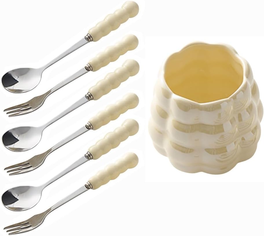(6 Pieces) Dessert Fruit Picks Light Luxury Fruit Fork Household Tableware Stainless Steel Cute Fruit Fork Jar Creative Storage Jar Set (Cream yellow)