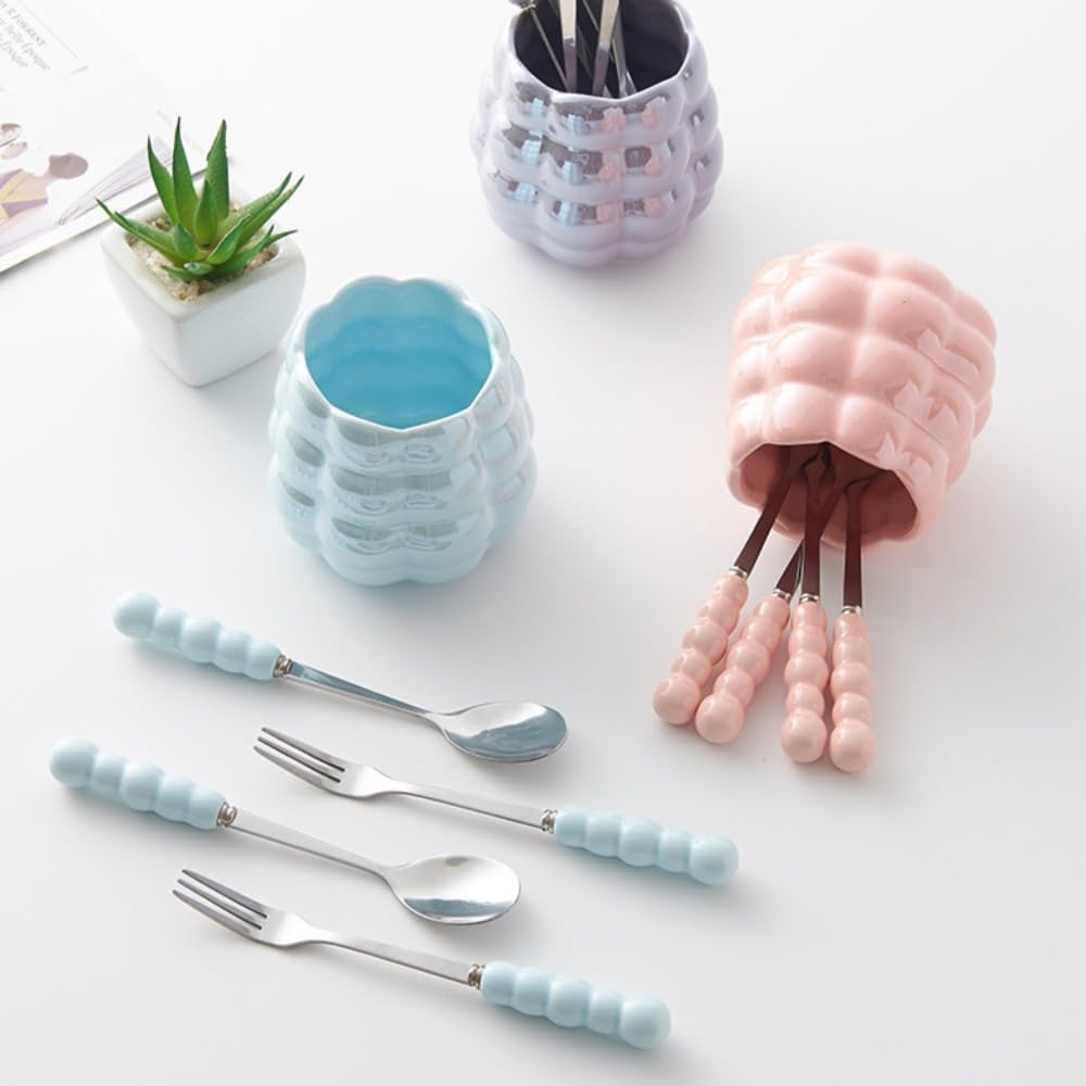 (6 Pieces) Dessert Fruit Picks Light Luxury Fruit Fork Household Tableware Stainless Steel Cute Fruit Fork Jar Creative Storage Jar Set (Cream yellow)
