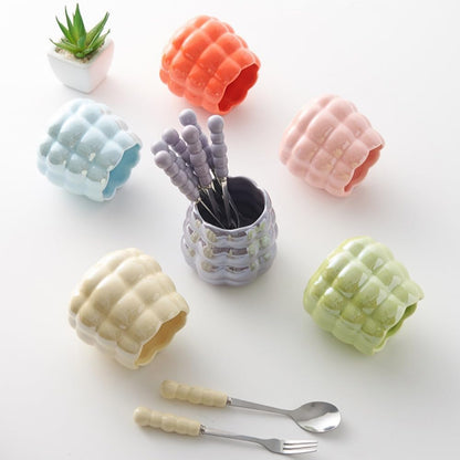 (6 Pieces) Dessert Fruit Picks Light Luxury Fruit Fork Household Tableware Stainless Steel Cute Fruit Fork Jar Creative Storage Jar Set (Cream yellow)