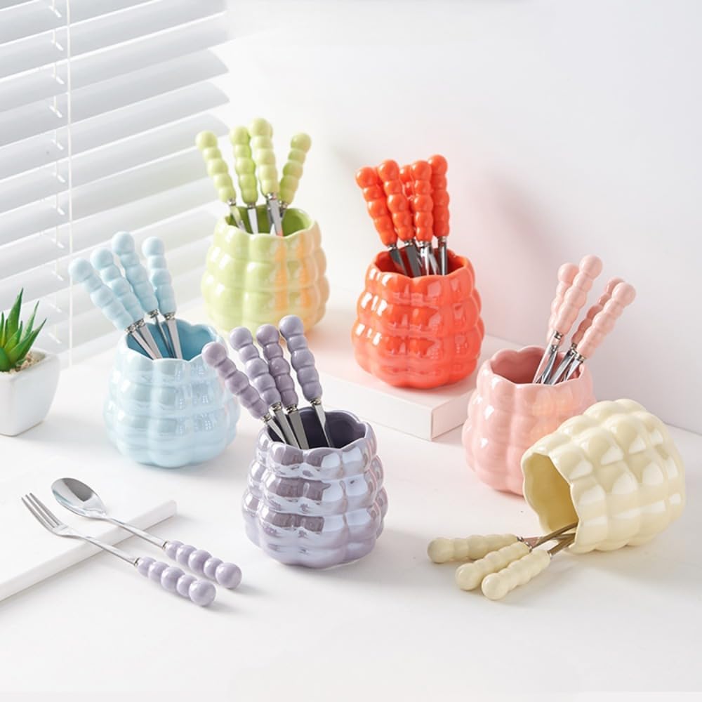 (6 Pieces) Dessert Fruit Picks Light Luxury Fruit Fork Household Tableware Stainless Steel Cute Fruit Fork Jar Creative Storage Jar Set (Cream yellow)