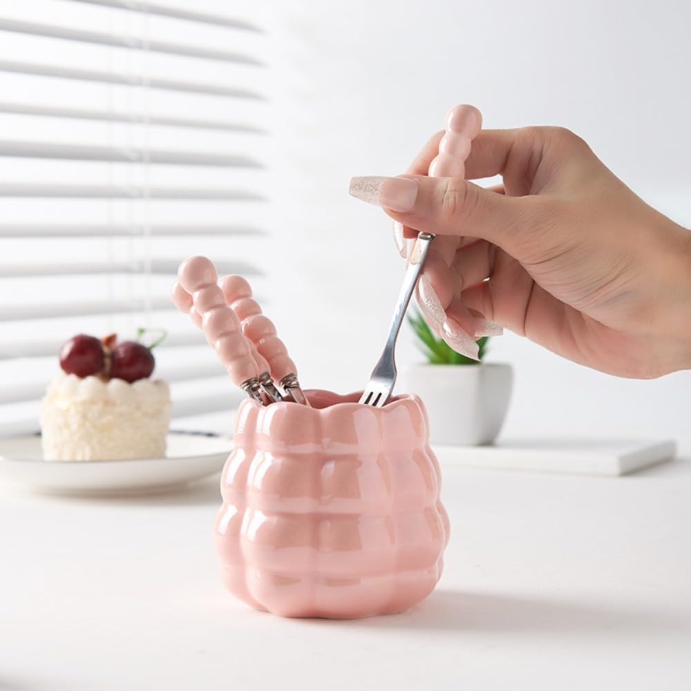 (6 Pieces) Dessert Fruit Picks Light Luxury Fruit Fork Household Tableware Stainless Steel Cute Fruit Fork Jar Creative Storage Jar Set (Cream yellow)