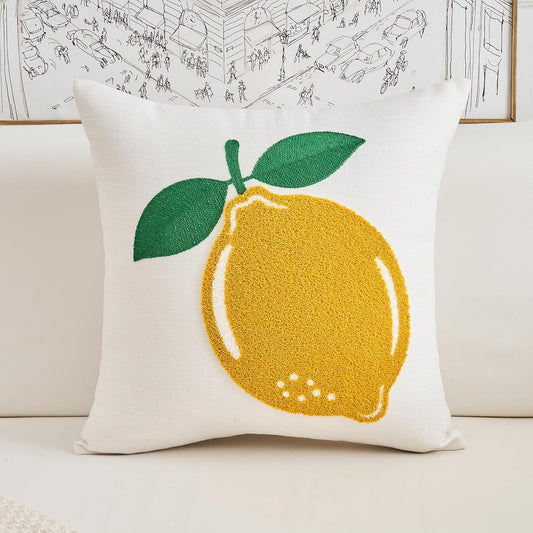 Embroidered Summer Throw Pillow Cover 18x18 Inch Farmhouse Embroidery Yellow Lemon Decorative Pillowcase Seasonal Outdoor Patio Cushion Case for Sofa Couch Home Decor