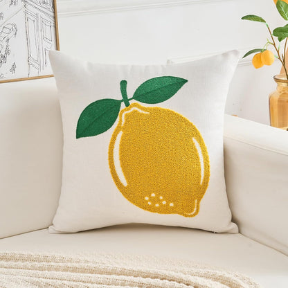 Embroidered Summer Throw Pillow Cover 18x18 Inch Farmhouse Embroidery Yellow Lemon Decorative Pillowcase Seasonal Outdoor Patio Cushion Case for Sofa Couch Home Decor
